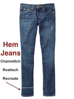 Offering a variety of hemming options for jeans. Chainstitch, reattach original, recreate, raw/unfinished & step hems.