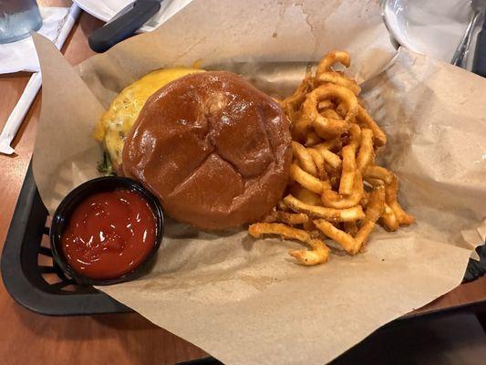 Bacon Cheeseburger with some sorry tasting Curly Fries