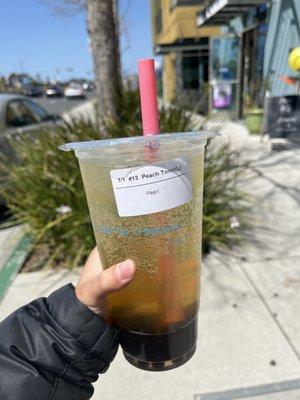 peach tonic with boba. didn't know tonic = soda not a good pairing with boba