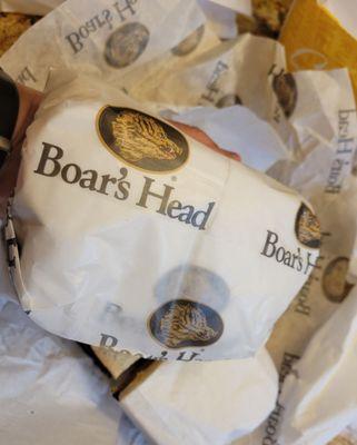 Sandwich wrapped in Boar's Head brand