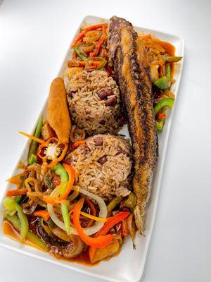 Fried fillet snapper 
With pepper vegetable , peas & rice, fried dumpling