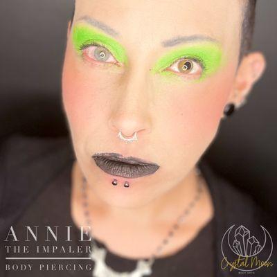 Lip piercings, septum piercings and ear piercings by Annie the Impaler at Crystal Moon Body Arts