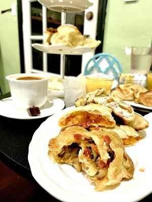 Mushroom mix and pumpkin corn empanada. Mushroom mix is flavored with pepper and tomatoes, a true gem.