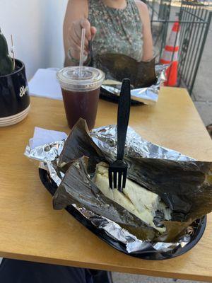 Chicken Tamales with Verde sauce, with a Mexican Olla Iced Coffee. All really unique flavors.