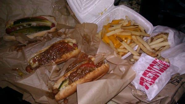 Hot dog, 2 chili dogs, cheese fries and regular fries