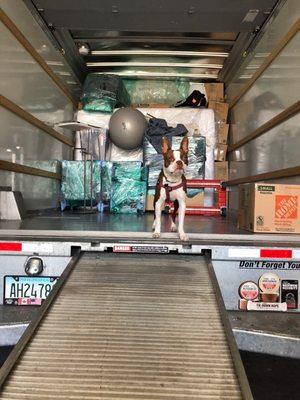 Partially unloaded U-Haul truck that was packed perfectly by Moving Buddies.