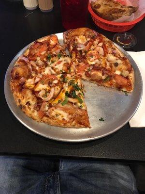 Small BBQ Shrimp Pizza. Amazing flavor!