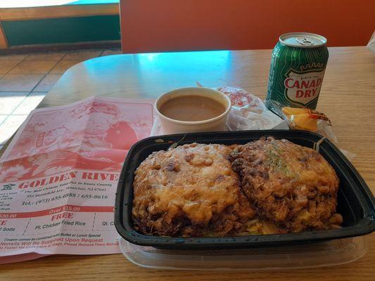 Delicious Roast Pork egg foo young. I like the gravy separated . The rice us very good and not saggy.  Egg roll is crispy.  Good food