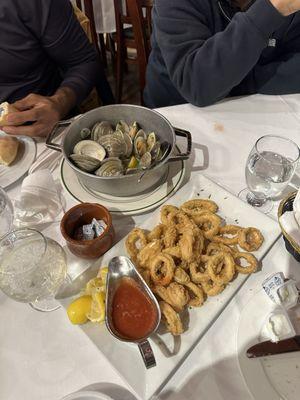 Clams in Garlic Sauce. Breaded Calamari.