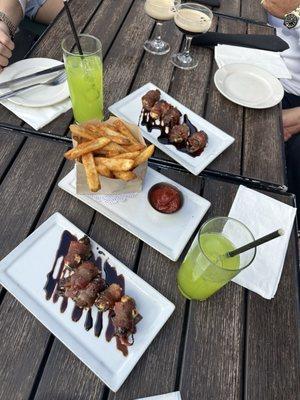 Bacon wrapped dates and fries