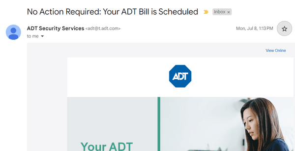 Email from ADT still sending me bills on July 8th, even though contract was cancelled on June 28th.