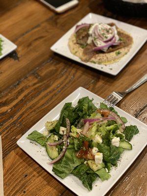 Greek Salad are awesome, light and flavorful   Hummus w/ Pork & GF Pita Bread