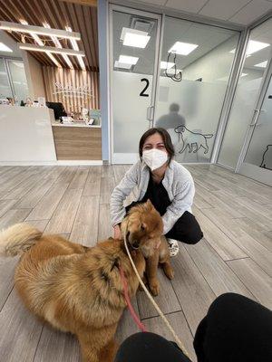 Our doggos and favorite vet tech in the lobby.