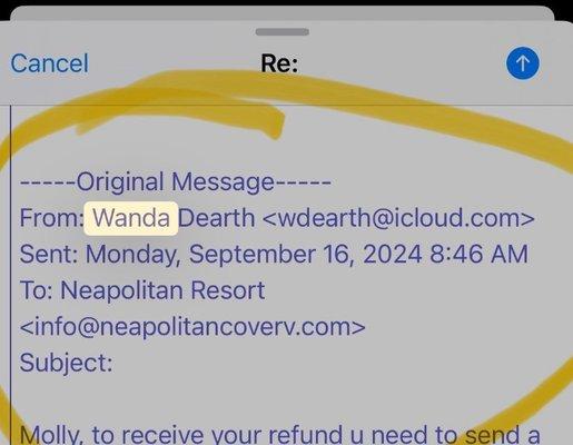 Wanda Dearth taking my email out of the RV resort Data base and contacting me off her personal email account.