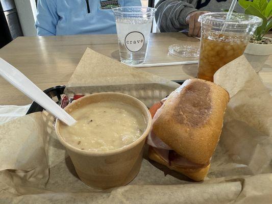 Turkey, bacon pesto and baked potato soup