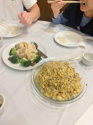 Honey walnut shrimp + salted fish fried rice