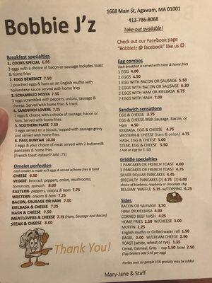 Here's the breakfast side of the menu. They do take out, the food is amazing!! Anything is subject to change obviously. Great place!