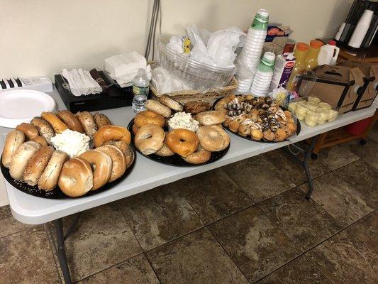 32 bagels, 2 cream cheese, butter, mini pastries (muffins), 2 orange juice, milk and coffee. $365!!