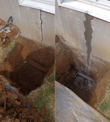 Before and after outside crack repair. Fixing this crack will keep water and pests from entering the basement of this home.