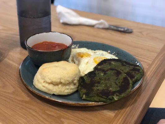 Spinach Cakes with over medium eggs and biscuit  (not pictured is a side of habanero sauce which was delicious if you like spicy)