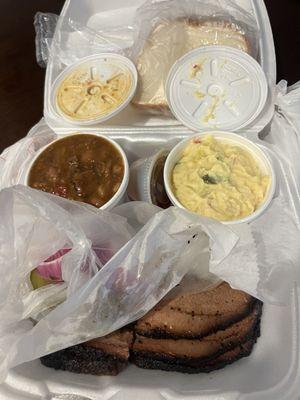 Brisket, potato salad, and baked beans