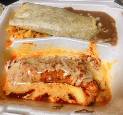 Chicken enchilada and bean burrito plate