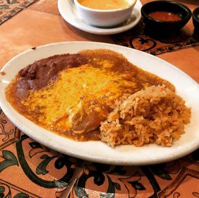 Cheese Chilada, tamale, Beans and Rice