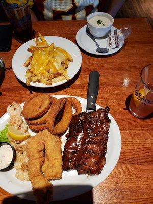 Chicken Tenders Onion Rings and Ribs Platter.  Cheese Fries  Boston Clam Chowda