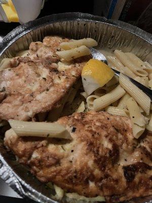 Egg battered lemon chicken with penne