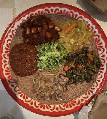 Lentils, fish, cabbage/potato/carrot, green beans, beef, and salad.