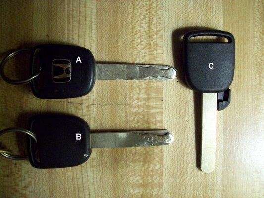 A- ORIGINAL HONDA KEY
 B- THE POLISHED SIDE OF NEW KEY STILL SHOWING MARKS
 C- THE KEY BLANK