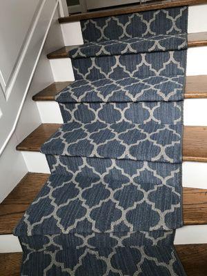 Another happy customer with a gorgeous custom stair runner! Brand: Tuftex Style: Taza II Color: Coastal