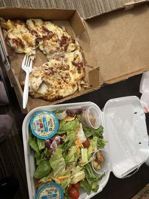 Fresh Garden Salad and Chicken Bacon Alfredo Gluten Free Pizza