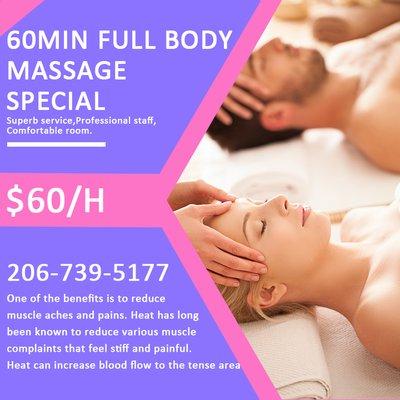 Only $60 For 60Min Body Massage - Call (206) 739-5177