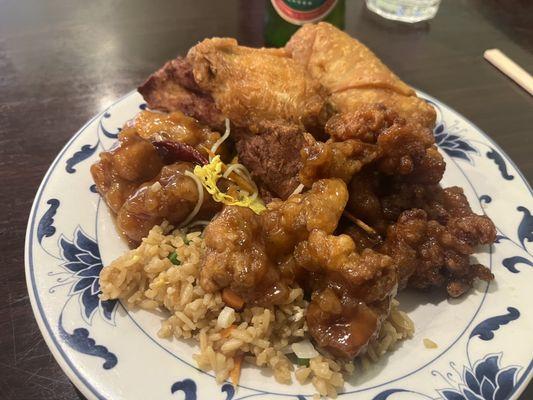 Full Plate with a large Egg Roll and an excellent Chicken Wing on top.