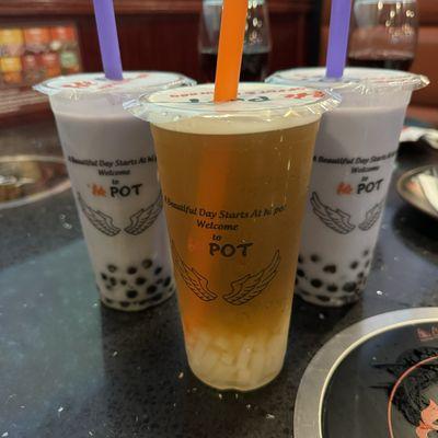 Taro milk tea and lychee fruit tea