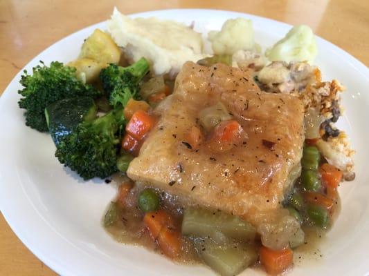 Vegetable pot pie, veggies, mashed potatoes, and tuna casserole :)