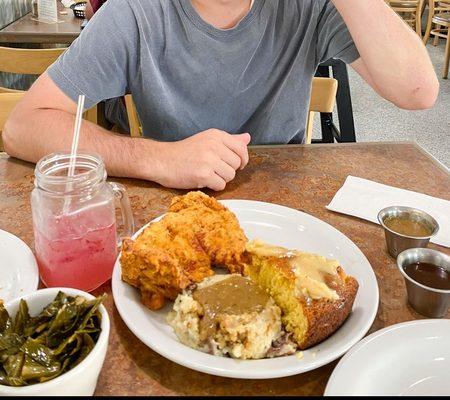 Chicken Fried Chicken, Mashed Potatoes and Gravy, Collard Greens, corn bread, House Lemonade with Seasonal Fruit Mix-In