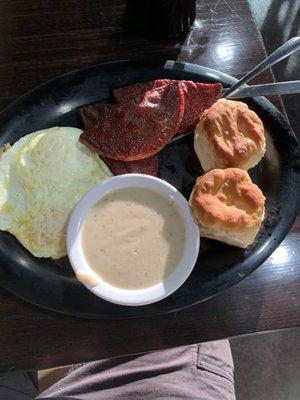 Bologna and eggs with biscuit and homemade gravy