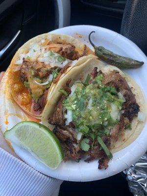 COCHINITA PIBIL TACO ON THE LEFT & CARNITAS TACOS ON THE RIGHT.