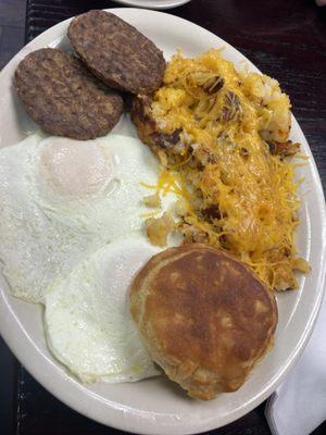 Home fries, turkey sausage, egg, biscuit