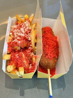 Kong fries + hot Cheeto Korean corn dog (mozzarella filling)