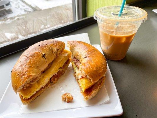 The SanCransisco Bagel Breakfast Sandwich and iced lavender latte