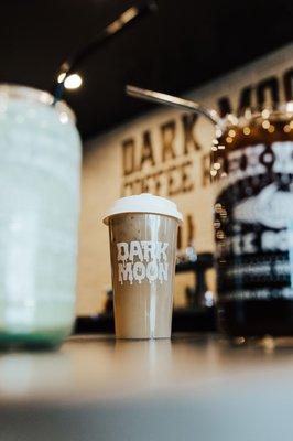 Iced latte with oat milk, matcha latte with almond milk & a cold brew coffee.