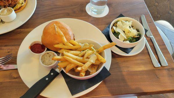 Hamburger, truffle fries, and brussel sprouts