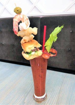 Bloody Sunday: bloody mary, bacon, blue cheese bacon slider, shrimp cocktail, fried oysters, celery