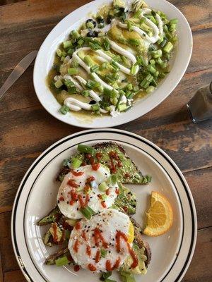 Huevos rancheros and Avocado toast with poached eggs