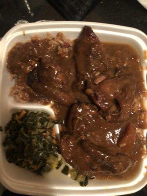 Brown stew chicken with greens and red beans & rice