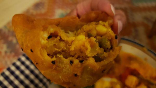 Interior of veggie samosa ($7.50), vegan by default. Good, but shell could have been crispier.