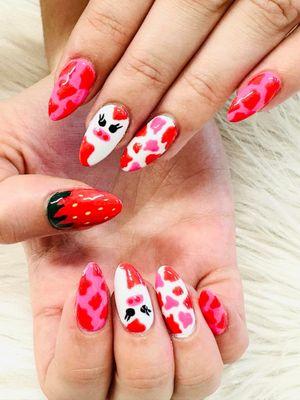 Strawberry milk cow nails